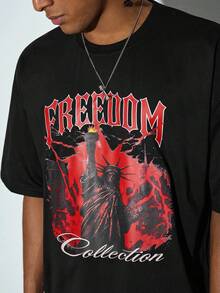 Modcrash Conjunto de 2 piezas de camiseta gráfica de estilo liberty y pantalones cortos con llamas de estilo urbano y hip hop para hombres - Negro - Ver 6