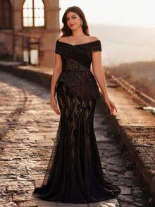 Aureia Plus Size Elegant Luxurious Black Sequin Lace Patchwork Mesh Off Shoulder Mermaid Hem Patchwork Triangular Mesh Dress, Suitable For Evening Party, Gala, Date, Vacation, Wedding, Music Festival, Formal Occasion (Intricate Design) - Black - View 6