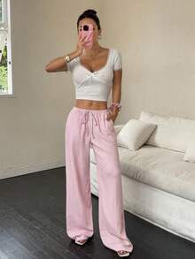 EMERY ROSE Plus Size Women Casual Solid Color Wide Leg Pants, Autumn Clothing Material Fall - Pink - View 6