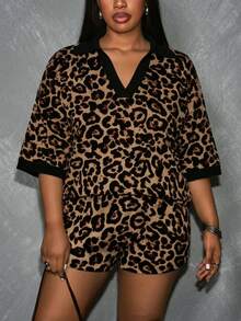 Slaydiva Plus Size Women's Casual Vintage Leopard Print 2 Pieces Set, Suitable For Summer Music Festivals - Multicolor - View 8