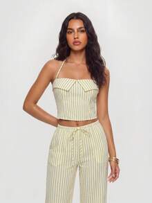 Avantive Women's Striped Halter Top And Pants Casual Coastal 2 Pieces Set Black And Cream Summer Vacation - Yellow - View 6