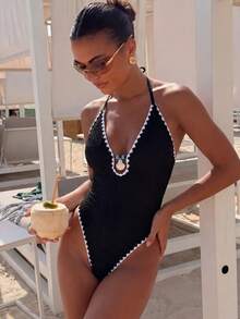 Bonvoyette Spring Summer Elegant Sexy Solid Color Fabric V-Neck Pearl Shell Pendant Decor Contrast Color Ruffle Halter One-Piece Swimsuit Beach Black - Black - View 6