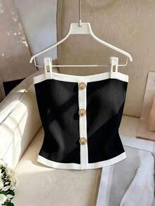 Franclia Women's Elegant French Sexy Strapless Solid Black And White Ribbed Elastic Fabric Camisole Top, Versatile Summer Wear Brunch - Black - View 5