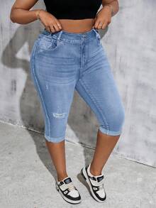 Slaydiva Jeans Skinny Elásticos con Rasgaduras Azules Talla Grande Largo 3/4 - Azul lavado medio - Ver 5
