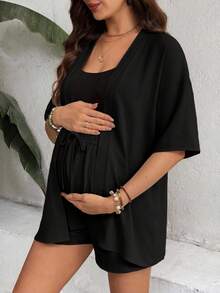 SHEIN Solid Color Casual Loose Cardigan And Drawstring Shorts 2 Pieces Set Summer - Black - View 4