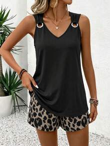 Conjunto de dos piezas casual para mujer con rayas, cuello en V y sin mangas - Negro - Ver 9