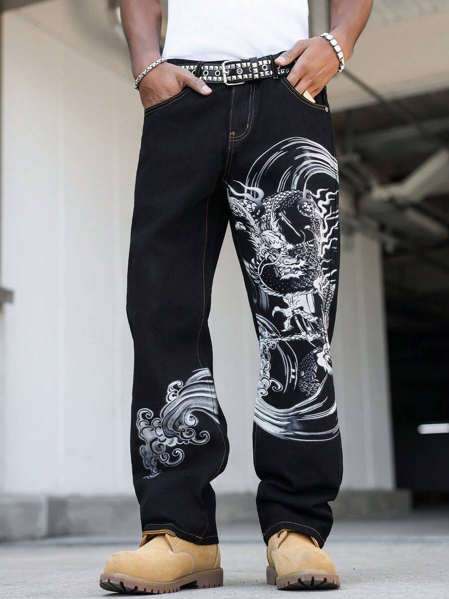 Manfinity EMRG 男士休閒龍圖案牛仔長褲 - 黑色 - 查看 1