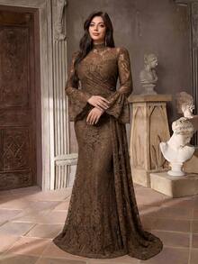 Aureia Plus Size Elegant Luxurious Romantic Brown Collar Flared Sleeve Ruched Mermaid Hem Patchwork Trailing Formal Dress, Suitable For Evening Party, Singles Party, Date, Ball, Vacation, Wedding - Coffee Brown - View 1