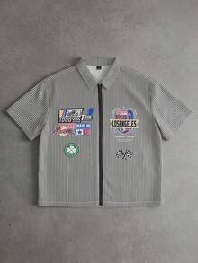 Áo sơ mi nam TOKVUE cổ polo kéo khóa, tay ngắn, họa tiết kẻ sọc và in chữ, phong cách casual đi làm, phù hợp phong cách đường phố, trẻ trung, đi học, đồ thiết yếu cho kỳ nghỉ hè, quà tặng lý tưởng cho bạn trai - Đen và trắng - Xem 3