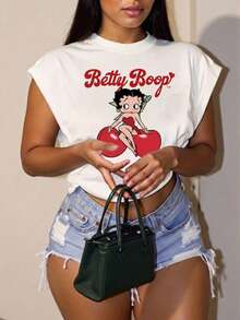 Slaydiva Betty Boop x SHEIN 休閒簡約大尺碼女款字母與卡通印花T恤，適合夏季 - 白色 - 查看 1