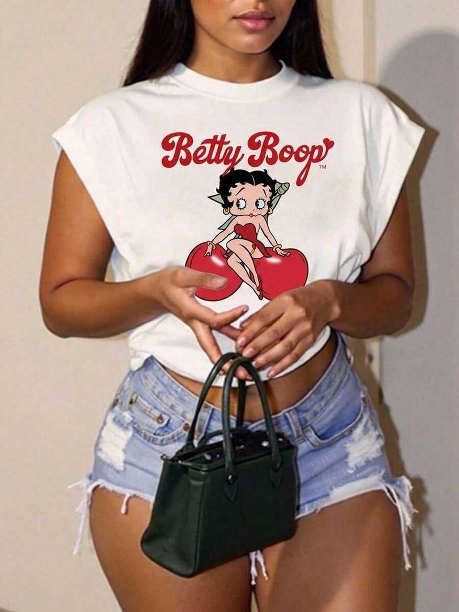 Slaydiva Betty Boop x SHEIN 休閒簡約大尺碼女款字母與卡通印花T恤,適合夏季 - 白色 - 查看 1