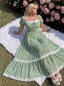 Lyrianda Vestido casual con estampado floral pequeño y mangas abullonadas, primavera/verano - Verde - Ver 4