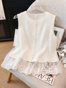 SHEIN Franclia 女款素色春夏休閒刺繡蕾絲拼接無袖上衣 - 白色 - 查看 4