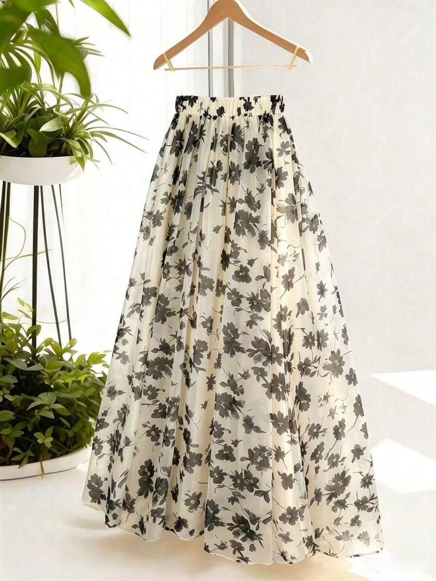 GlowEve Rok A-Line Berbahan Chiffon Berlapis Jala Motif Bunga Kuning, Elegan, Serbaguna, Cocok untuk Liburan & Kerja, Musim Semi/Panas - Hitam - View 1