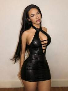 BamGleam Sexy Solid Color Hollow-Out Backless Halter Mini Dress - Black - View 5