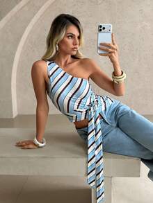 Privoire French Coastal Minimalist Striped Asymmetrical Shoulder Tie-Up Crop Top Summer Sexy Slim Fit Versatile Camisole Beach Vacation Blue And White Stripe - Multicolor - View 5