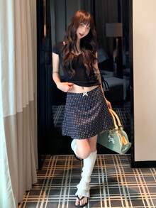 K-Vae French Polka Dot A-Line Lace Skirt, Slimming, Summer - Black - View 3