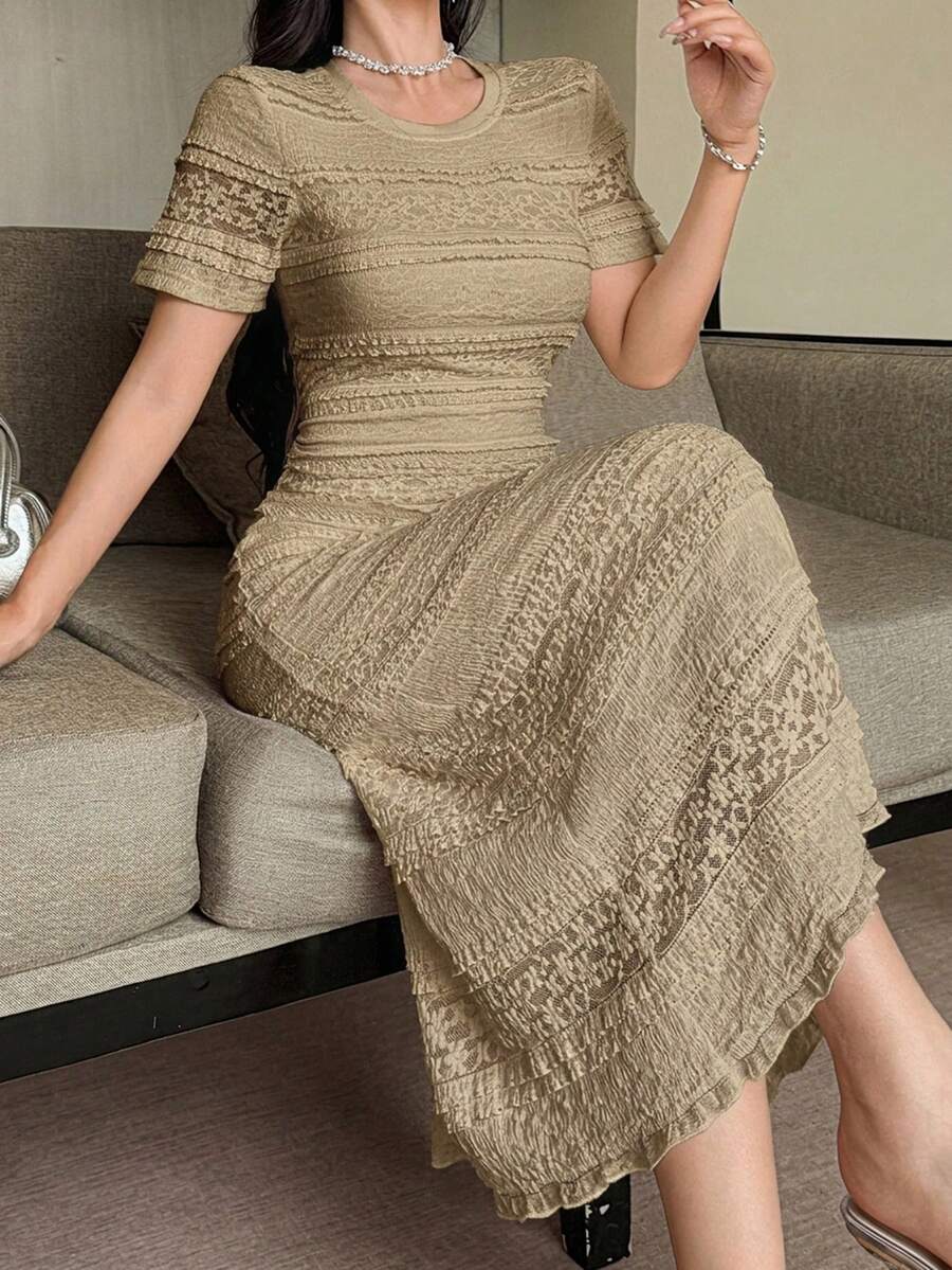 DAZY Women's Elegant Lace Solid Color Mid-Length Dress, Spring/Summer Sundress - Khaki - View 1