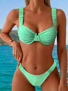 Swim Mod Conjunto de bikini sólido y arrugado elegante para mujeres para la playa en verano - Verde - Ver 1