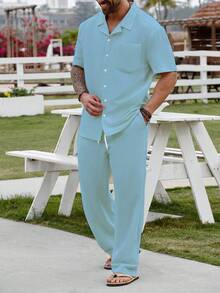 Manfinity RSRT Plus Size Men's Casual Solid Color Front Button Polo Shirt And Shorts Set, Summer - Baby Blue - View 3