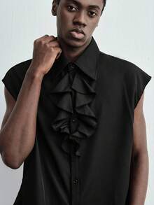 ROMWE MEN Goth Men's Solid Color Ruffle Hem Casual Versatile Daily Wear Shirt - Black - View 2