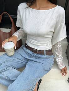 Aloruh Vacation Boho Apricot Knit Textured One-Shoulder Flare Sleeve Contrast Lace Women T-Shirt - Apricot - View 5