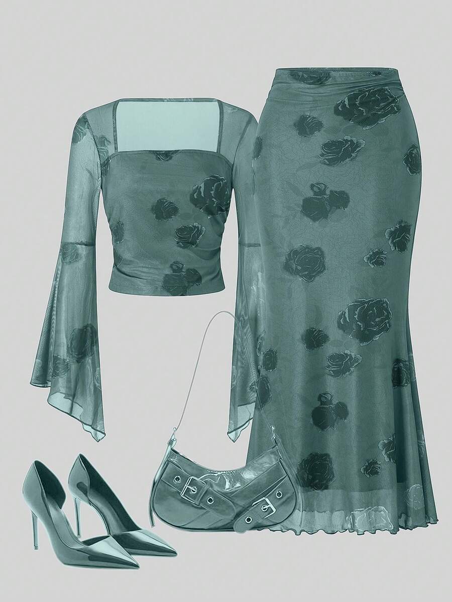 SHEIN Franclia 女款玫瑰印花喇叭袖T恤與魚尾裙兩件套（不對稱印花） - 青碧色 - 查看 1