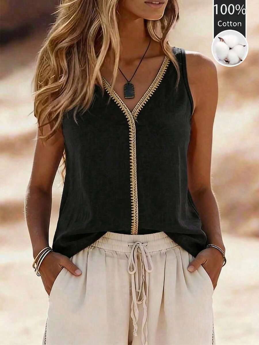 Balvessa V-Neck Casual Comfortable Vacation Countryside Relaxed Soft Texture Women Vest Top - Black - View 1