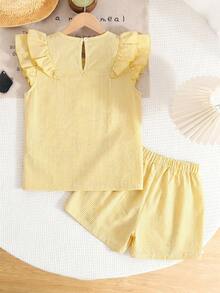 SHEIN LMoss Kids Tween Girl 2 Pieces Set: Casual Comfortable Round Neck Ruffle Blouse And Pants - Yellow - View 2