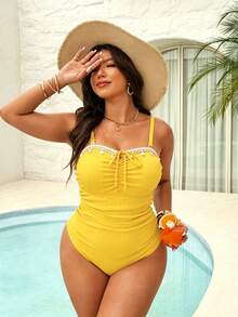 Swim Vcay 2026 New Plus Size Women Beach Vacation Vacation Fashion Ruched Detachable Strap One-Piece Starfish Trim Swimsuit Yellow Summer - Yellow - View 4