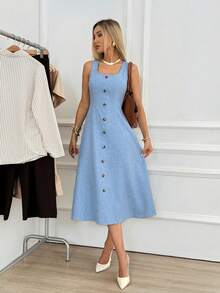 Easowa Robe mi-longue décontractée sans manches à col carré et design de boutons, couleur unie pour femmes - Bleu azur - Voir 9