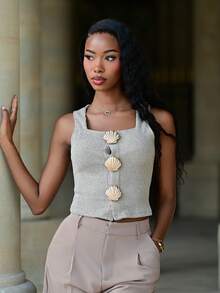 Mima John Women Square Neck Sleeveless Shell Embellished Ribbed Summer Tank Top Casual - Apricot - View 5