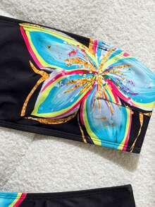 SHEIN Swim 女款印花素色優雅甜美性感平口高衩兩件式泳衣套裝 - 黑色 - 查看 7