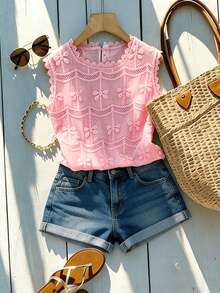 GlowEve Women's Vacation Embroidered Decor Hollow-Out Fashion Blouse - Pink - View 3