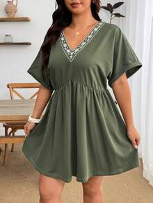 Enliva Plus Size Women's V-Neck Embroidered Casual Washed Short Sleeve Dress, Suitable For Daily, Commuting, And Vacation Wear - Multicolor - View 5