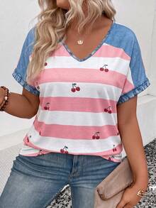 Plus Size Cherry Print Striped V-Neck T-Shirt, Denim Patchwork Raglan Sleeve Casual Top For Women - Multicolor - View 3