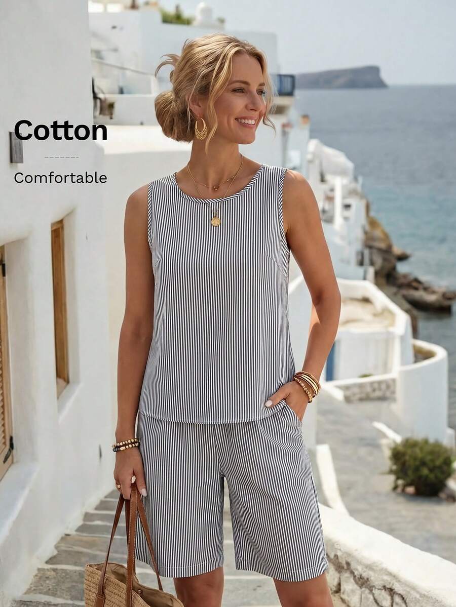 Faunlyn Women's Vacation Casual Modest White And Navy Tank Top And Shorts 2 Pieces Set Beach Vacation Summer - Black and White - View 1