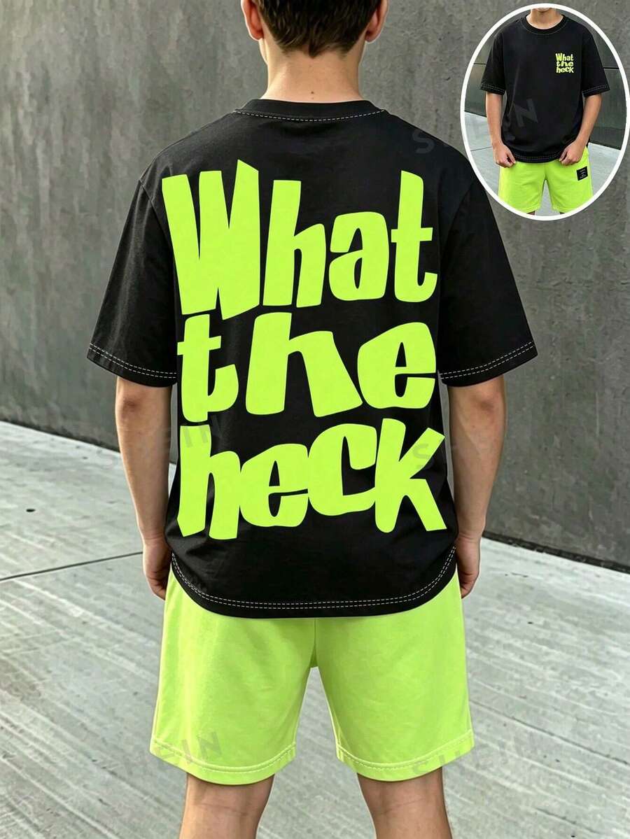 一套男童荧光绿“What The Heck”字母印花短袖套装,儿童夏季休闲运动两件套,荧光绿字母印花图案短袖圆领T恤和短裤,适合户外穿着 - 彩色 - 查看 1