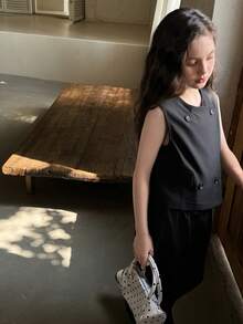 Dazy Kids 女童青少年女孩休閒套裝－無袖領口上衣＋直筒長褲套裝 夏季 - 黑色 - 查看 6
