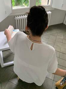 Dazy Plus 素色寬鬆短袖圓領百褶休閒度假夏季上衣，女大尺碼短袖白色休閒襯衫 - 白色 - 查看 2