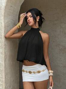 Aloruh Women's Solid Color Fashionable Halter Neck Top For Vacation - Black - View 3