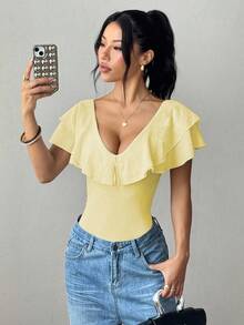 SHEIN PETITE 時尚優雅荷葉邊收腰連身衣，適合嬌小女性 - 黃色 - 查看 4
