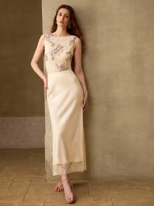MOTF PREMIUM ROMANTIC MESH EMBROIDERED SLEEVELESS TOP FOR WOMEN - Apricot - View 1