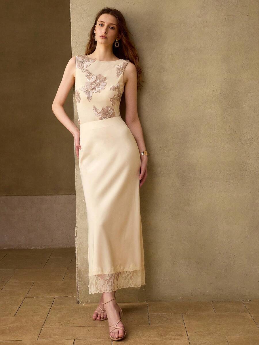 MOTF PREMIUM ROMANTIC MESH EMBROIDERED SLEEVELESS TOP FOR WOMEN - Apricot - View 1