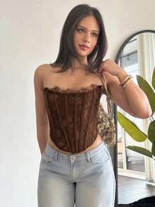 leahseptember 夏季海滩度假纯色胸罩上衣蕾丝上衣，适合日常约会、夜间外出、夜总会、派对、聚会、鸡尾酒会、泳池派对、返校季服装、学校季服装、假日服装、办公室服装通勤服装紧身胸衣上衣 - 咖啡棕 - 查看 6