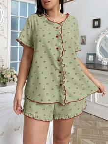 CottageSlumber Frill Trim Round Neck Cherry Print Plus Size Pajama Set - Green - View 4