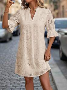 Editum Women's Notched Neck Cutout 3/4 Sleeve Ruffled Hem Eyelet Embroidery Loose Casual Dress, Pure White, Elegant For Daily, Vacation, Commute, Spring/Summer - Khaki - View 11
