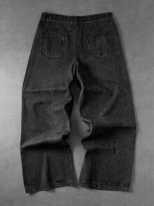 ROMWE MEN Quần jeans nam dáng suông, chất liệu dày dặn, in họa tiết, đã qua xử lý giặt. - màu đen - Xem 2