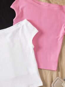 Sparklyn 3pcs/Set Girls' Off-Shoulder Snug Fit T-Shirts, Vacation Style, Multicolor - Multicolor - View 3