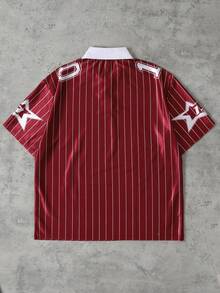 ROMWE MEN Men's Numeric & Striped Print Short Sleeve Polo Shirt, Summer - Red - View 3